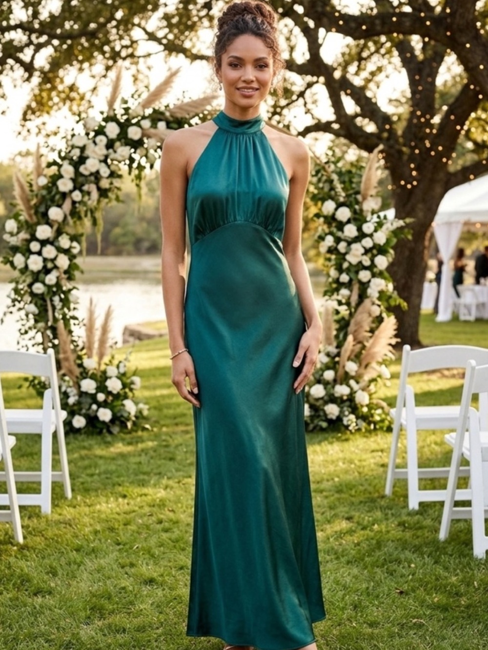 Emerald Halter Satin Maxi Dress